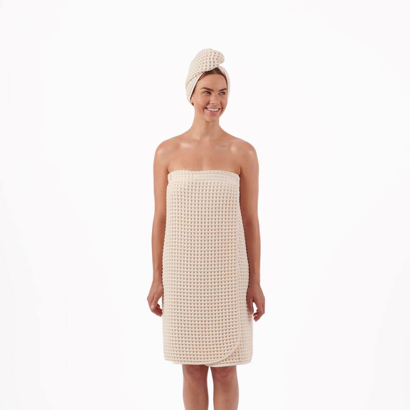 DKNY PURE Yarn Dyed Waffle Body Wrap and Hair Wrap Set