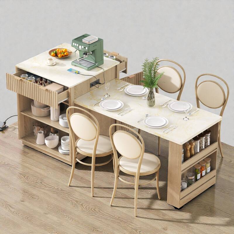 82.6" Fluted Kitchen Island with Extendable Dining Table for 2-6, Power Outlet, Double-Side Storage, Drawers - Natural