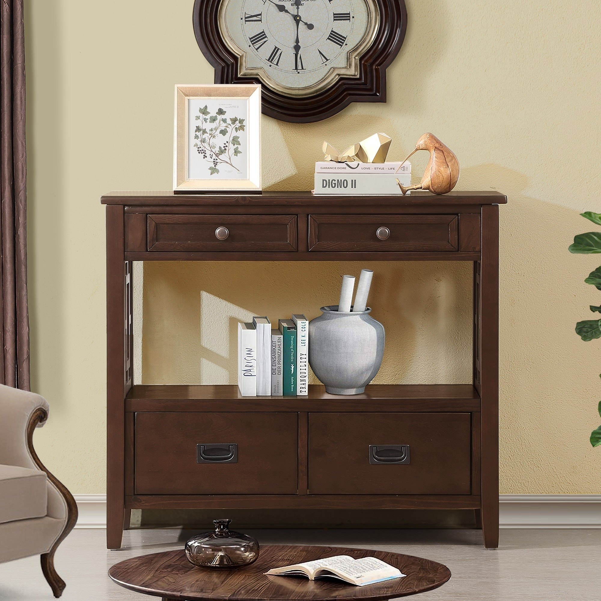 Console Table with 4 Drawers, Entryway Table with 1 Storage Shelf, Accent Table with Solid Wood Frame and Legs