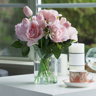 Enova Home Mixed Artificial Real Touch Tulip and Rose Fake Flowers Arrangement in Cylinder Glass Vase for Home Decór - Pink