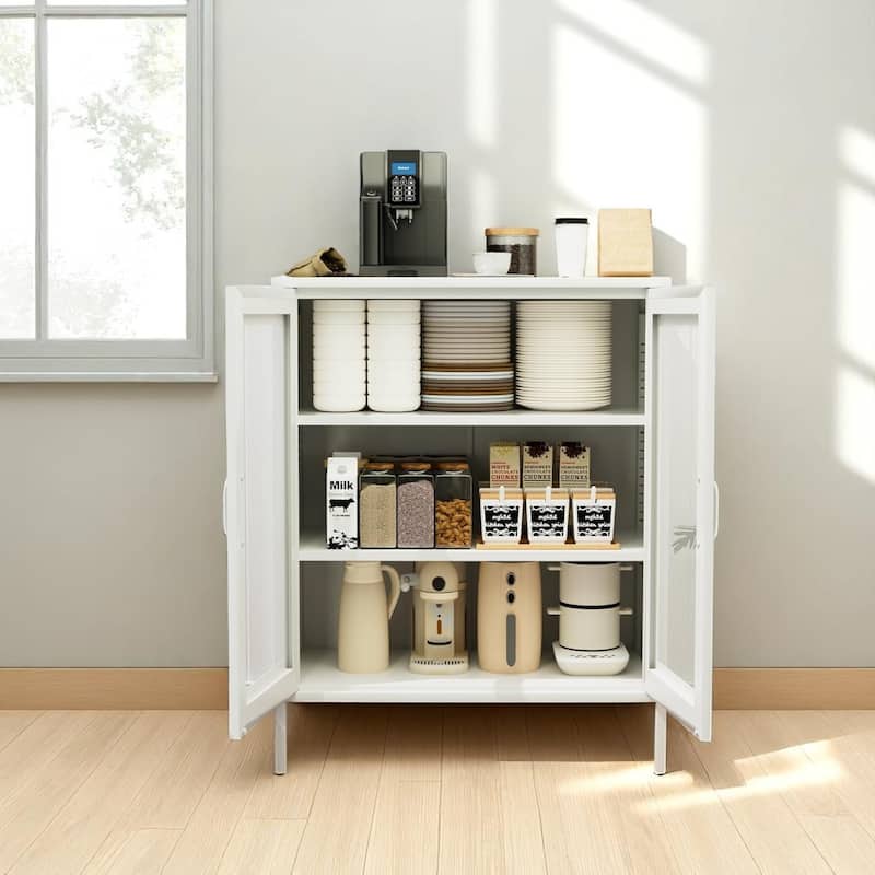 Industrial Steel Storage Cabinet with Mesh Doors, 2 Shelves, Magnetic Closure, 40" Tall Freestanding Organizer