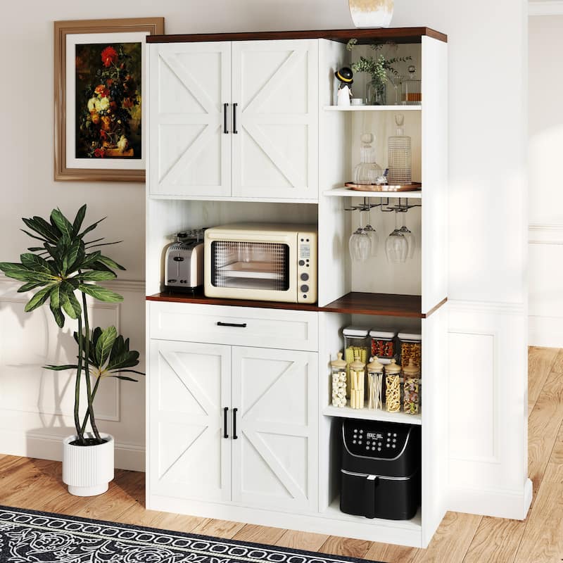 71'' Farmhouse Kitchen Pantry Sideboard with Cabinet and Drawer, Multifunctional Kitchen Buffet with Hutch and Glass Holder