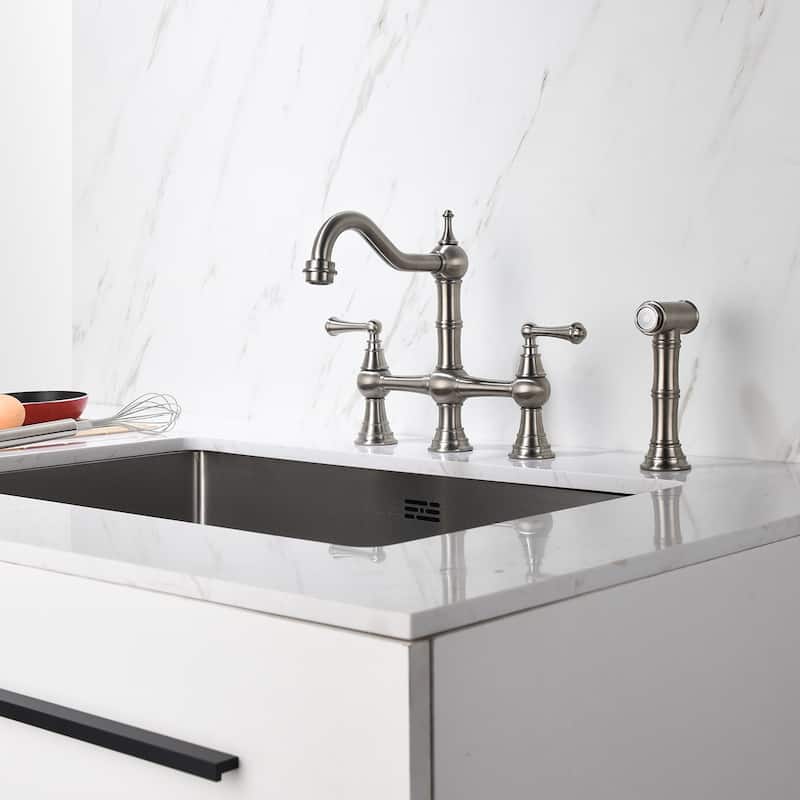 Two-Handles Bridge Kitchen Faucet with Side Sprayer