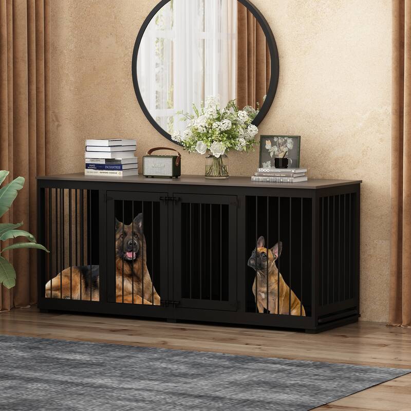Large Dog Crate Furniture, 70" Dog Crate Kennel with Trays and Divider