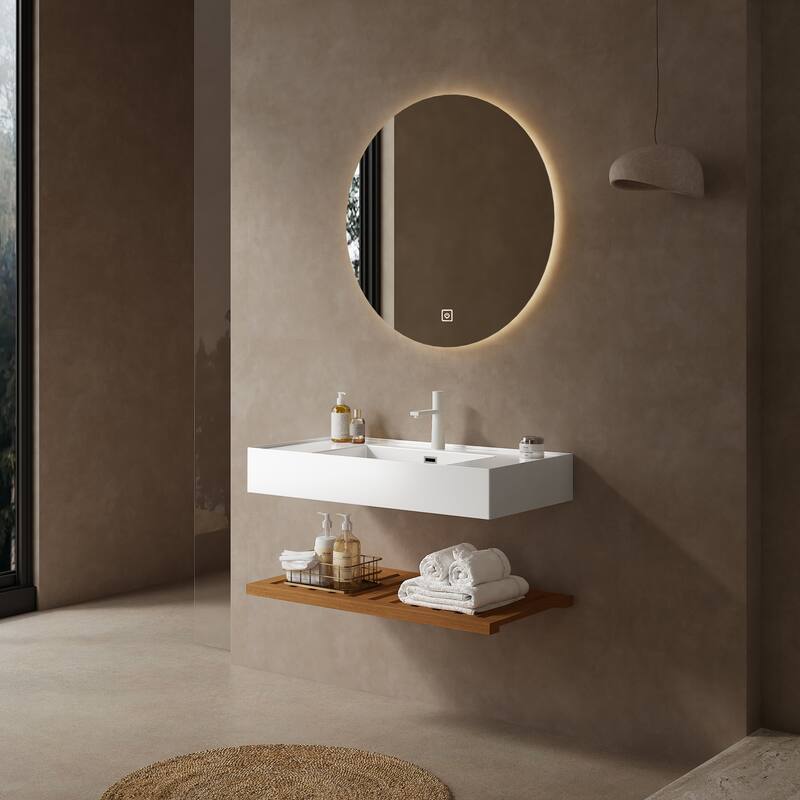 Elegant Floating Bathroom Vanity Set with Wall-mounted Rectangular Integrated Acrylic Basin and Wood Grain Striped Shelf - Dark Walnut - 36 Inch