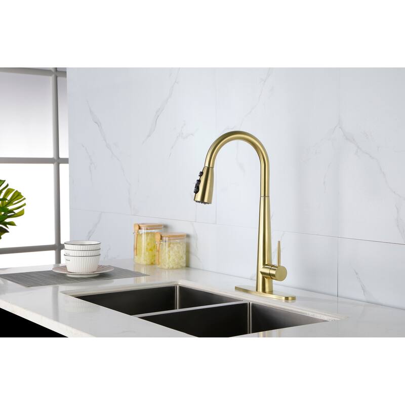 Single Hole Deck Mount Kitchen Faucets with Pull Down Sprayer - Brushed Gold
