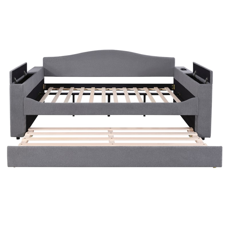 Full Size Upholstered Daybed with Storage Armrests, Trundle and Latest Integrated Bluetooth Audio System