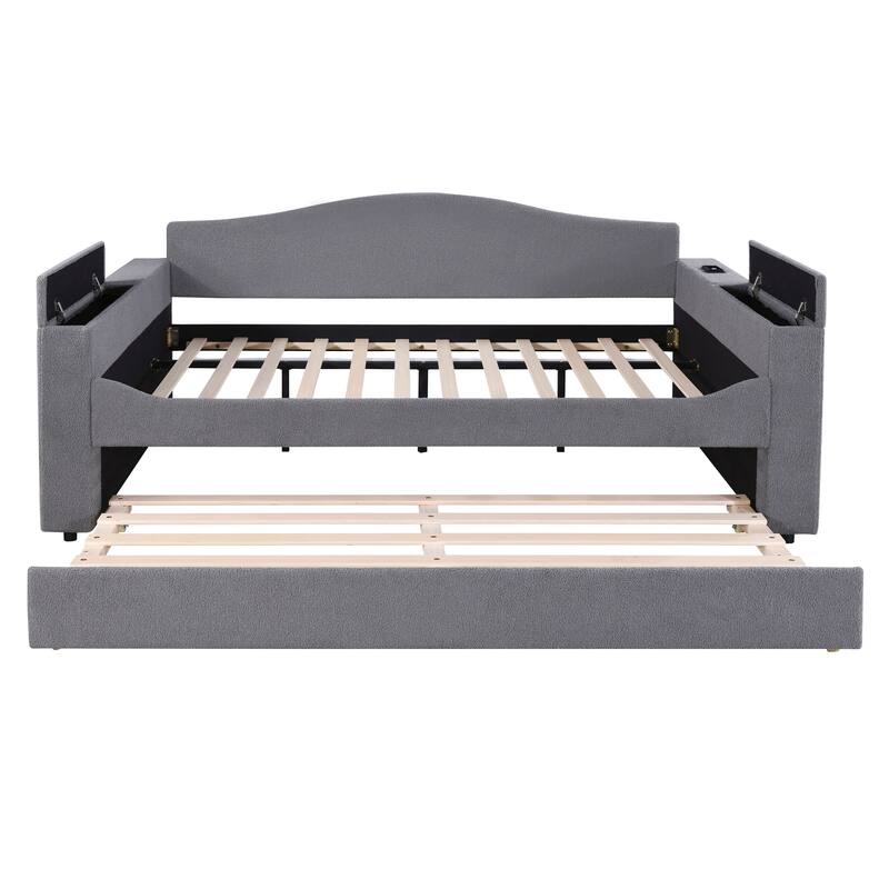 Teddy Fleece Daybed Leisure Upholstered Daybed Frame with Storage Armrest and Integrated Bluetooth Audio System and Trundle