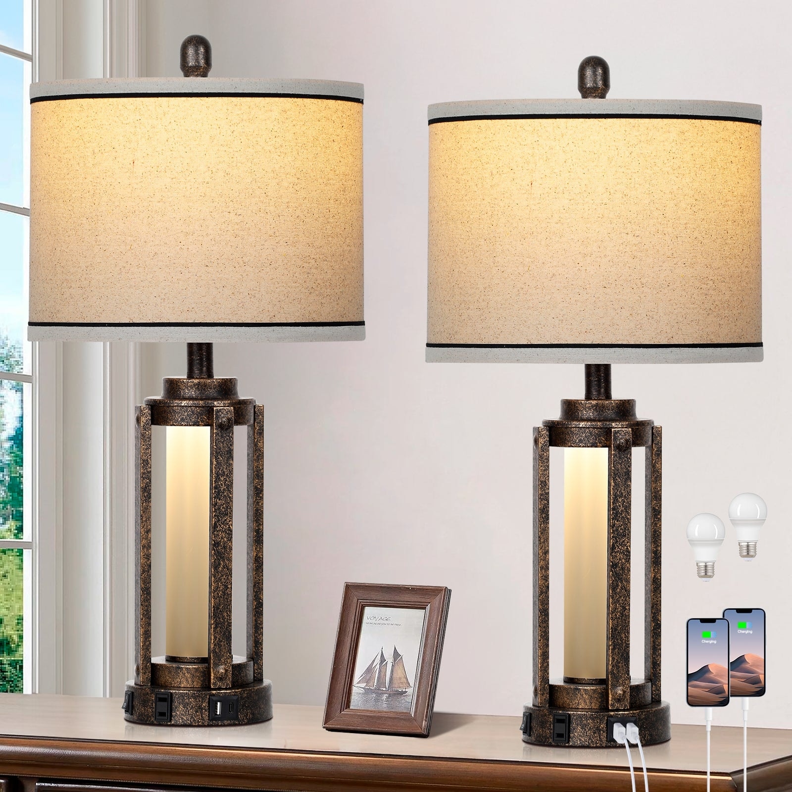 Set of 2 Indigo Glass Table Lamps with Built-in Nightlight, USB Ports & AC Outlet - 12'' x 12'' x 25'' (L x W x H)