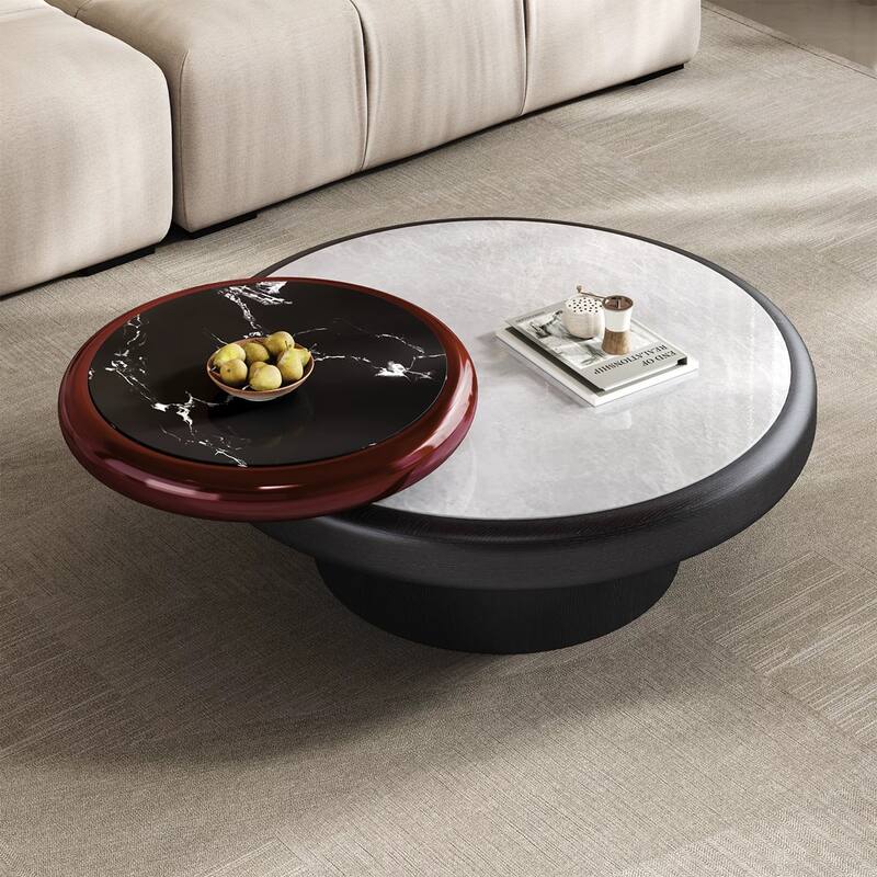 43" Round Coffee Table,Rotatable Faux Marble Table top, White