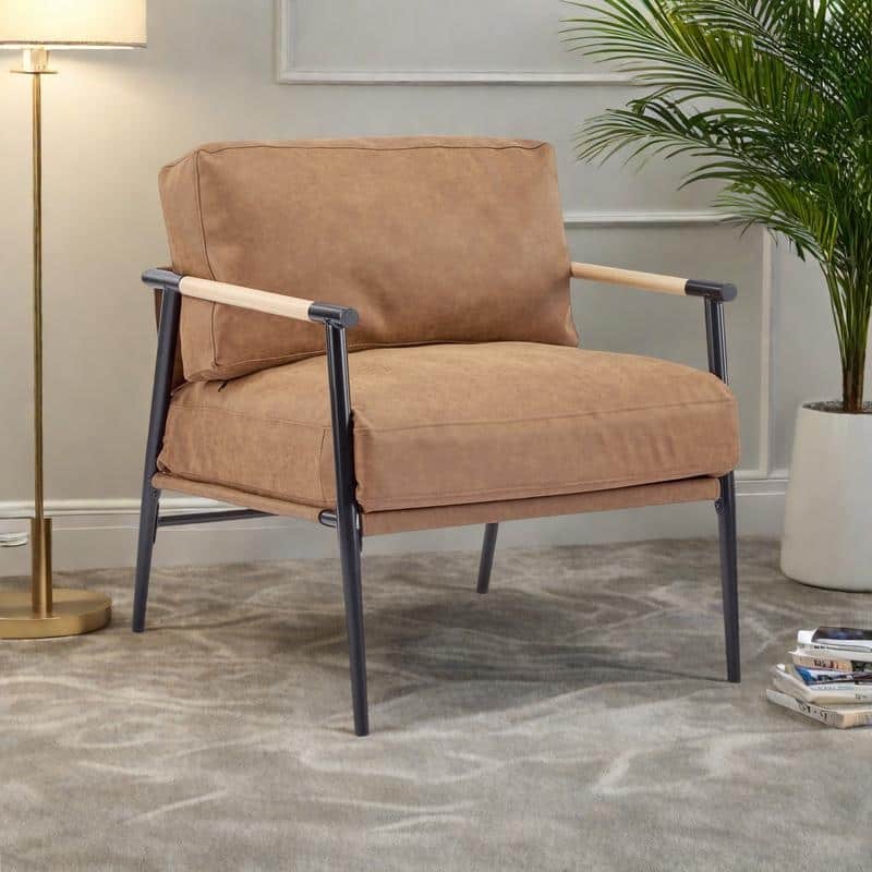 PU Leather Accent Chair with Wooden Armrests and Metal Frame - Modern Armchair
