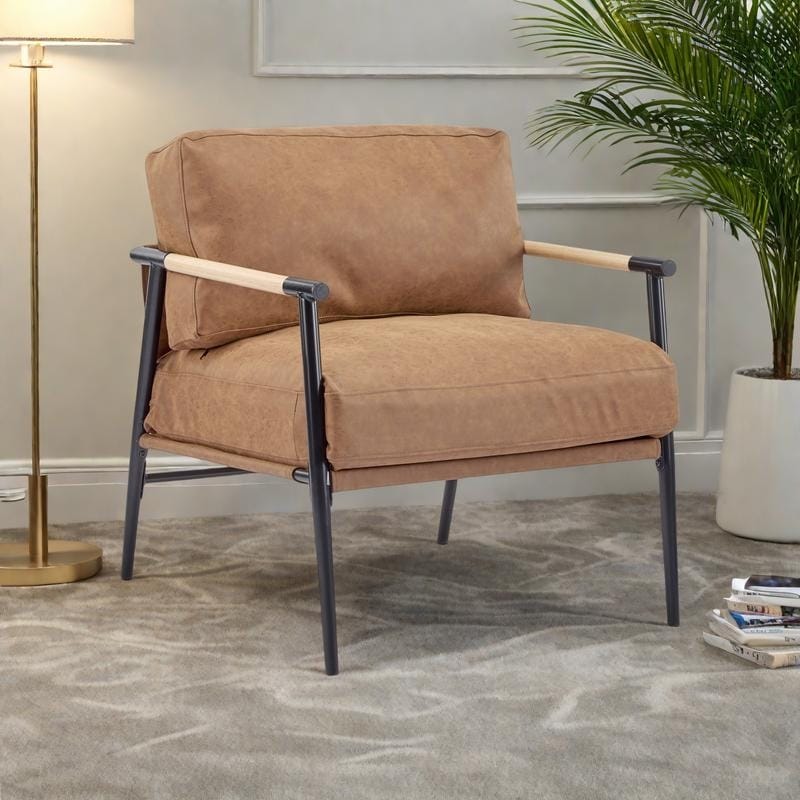 PU Leather Accent Chair with Wooden Armrests and Metal Frame - Modern Armchair