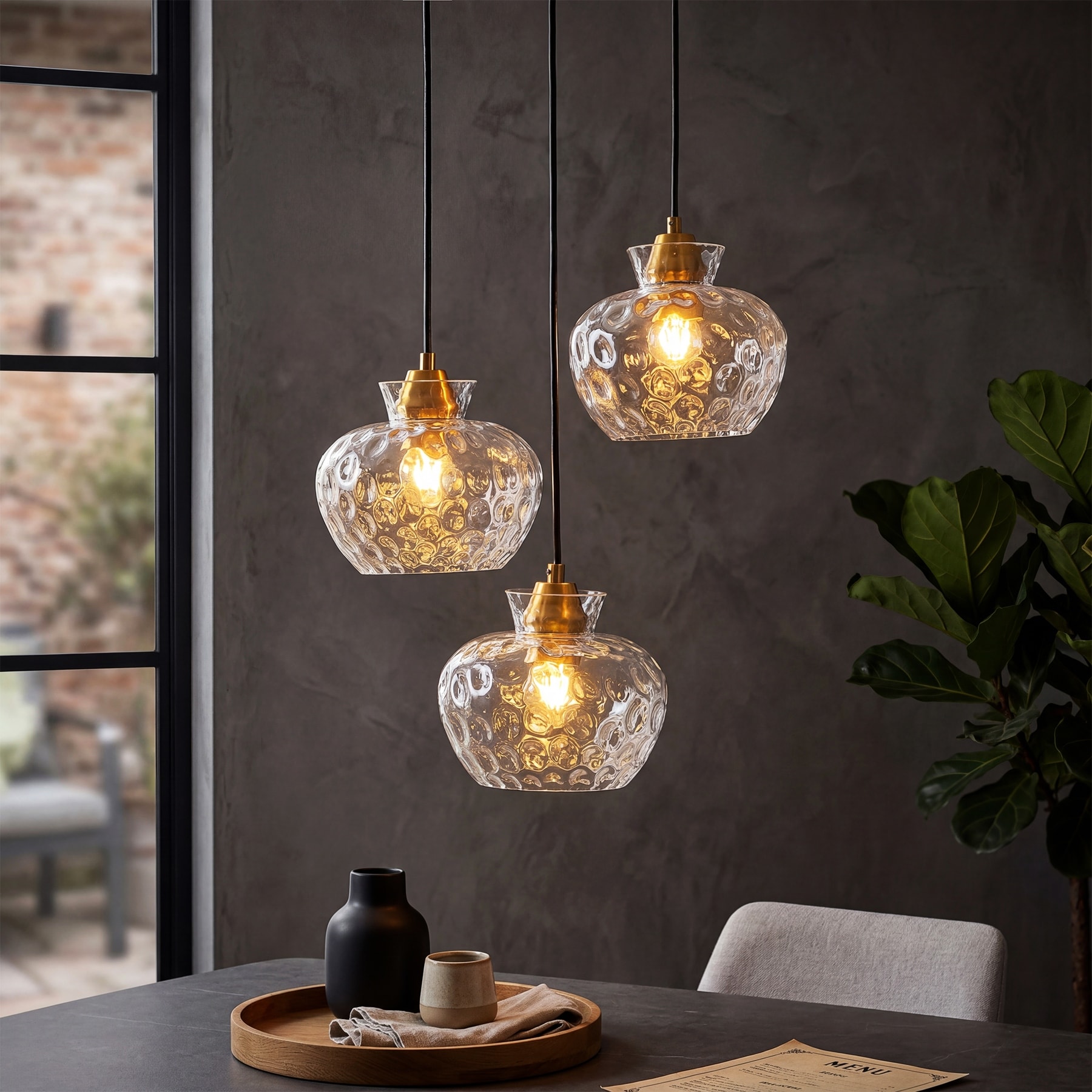 3-Light Island Pendant Light, Modern Cluster Hanging Fixture with Water Ripple Glass Shades