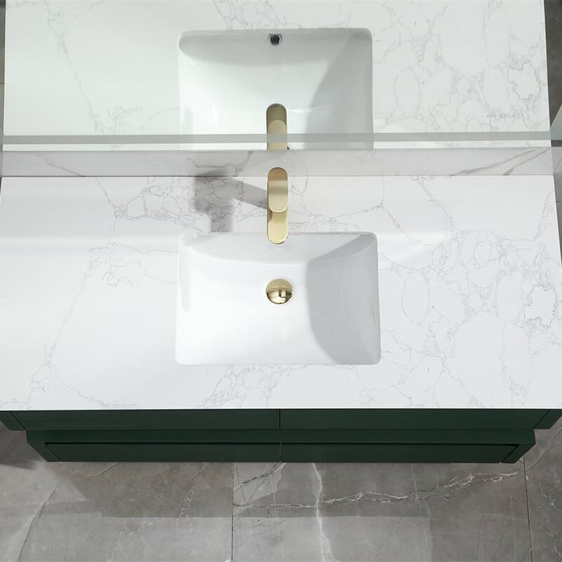 48 Inch Solid Wood Wall-Mounted Bathroom Vanity Set in Green/ White with Engineered Stone Top and Ceramic Sink