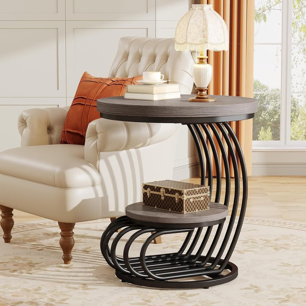 2 Tiers Round End Table with Storage Shelf