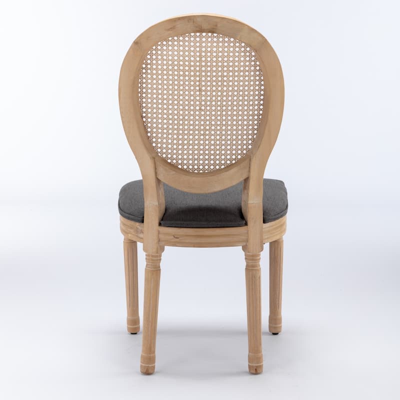 French Style Solid Wood Frame Antique Painting Linen Fabric Rattan Back Dining Chair,Set of 2,Gray