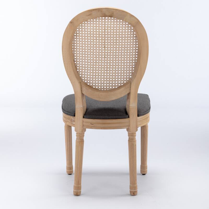 French Style Solid Wood Frame Linen Fabric Rattan Back Dining Chair,Set of 2