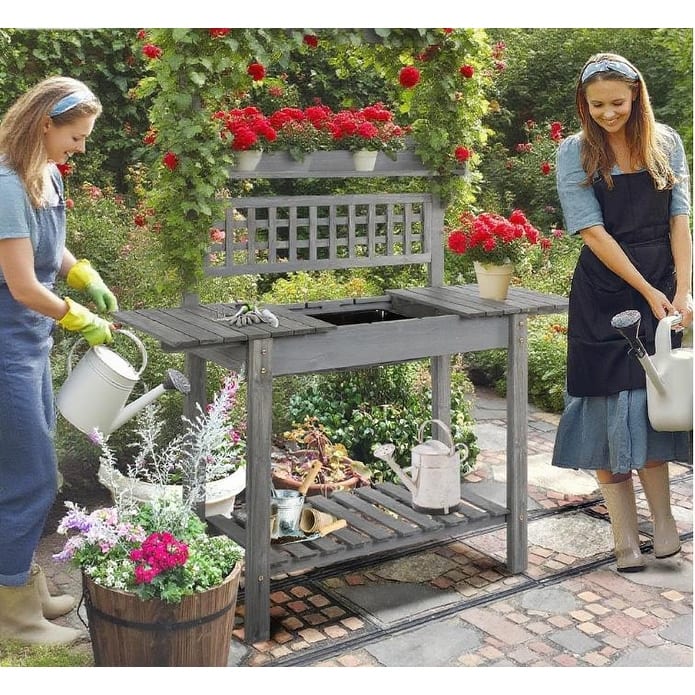 Wooden Plant Shelving, Potting Bench, Sliding Tabletop and Dry Sink - Grey