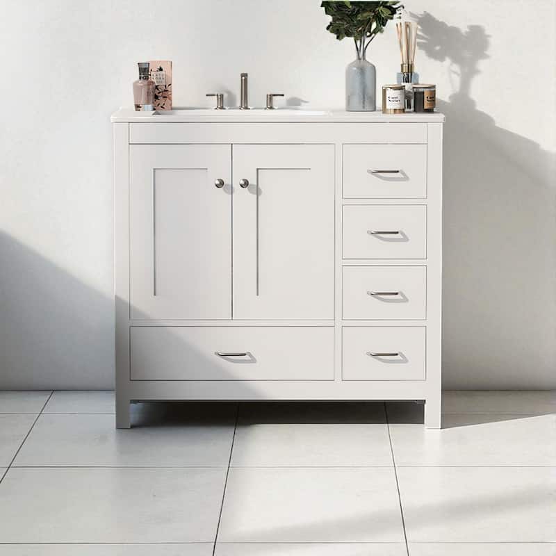 36" Bathroom Vanity with Ceramic Sink Solid Wood Base Soft Close Doors and 5 Storage Drawers