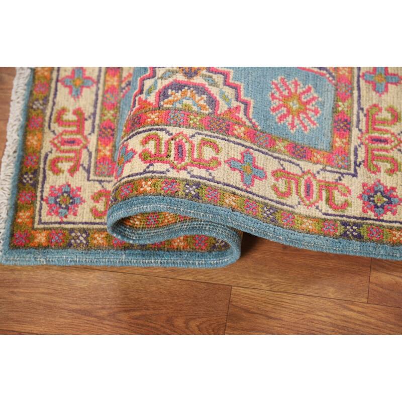 Light Blue Geometric Kazak Foyer Rug Traditional Handmade Wool Carpet - 2'0" x 3'0"