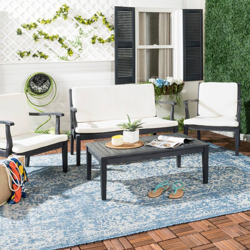 SAFAVIEH Outdoor Kaia Acacia Wood 4-Piece Patio Set - 39Wx24Dx14H - Dark Slate Grey/Beige