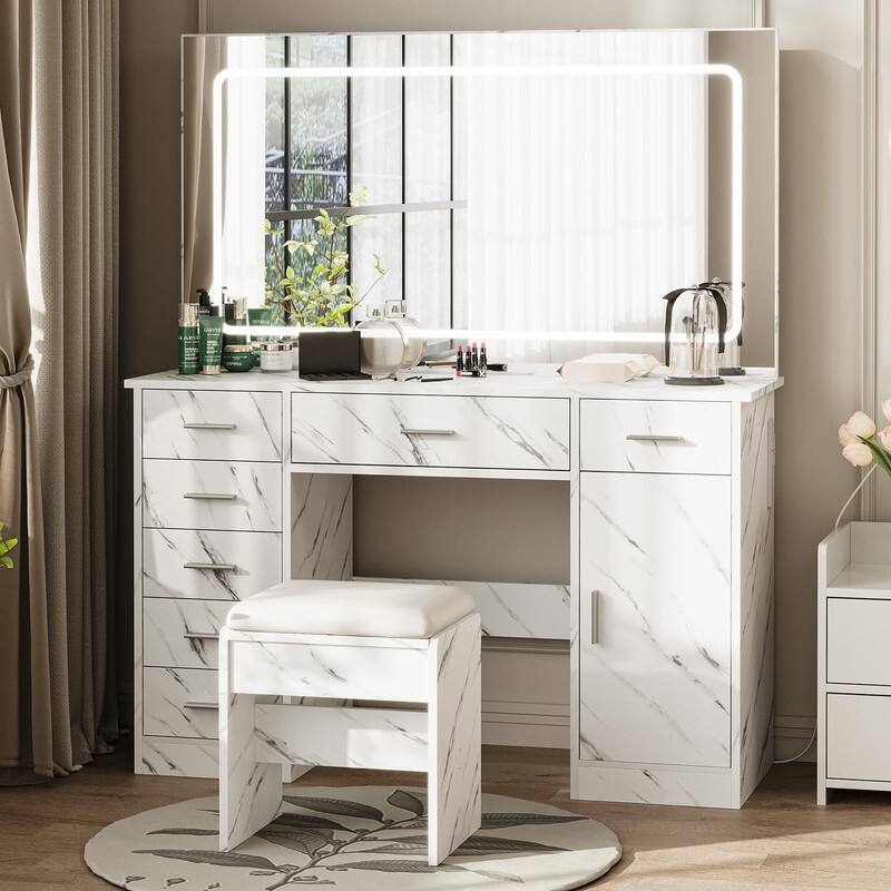 Makeup Vanity Table with Mirror, 7 Drawers, Charging Station, Holder, Stool