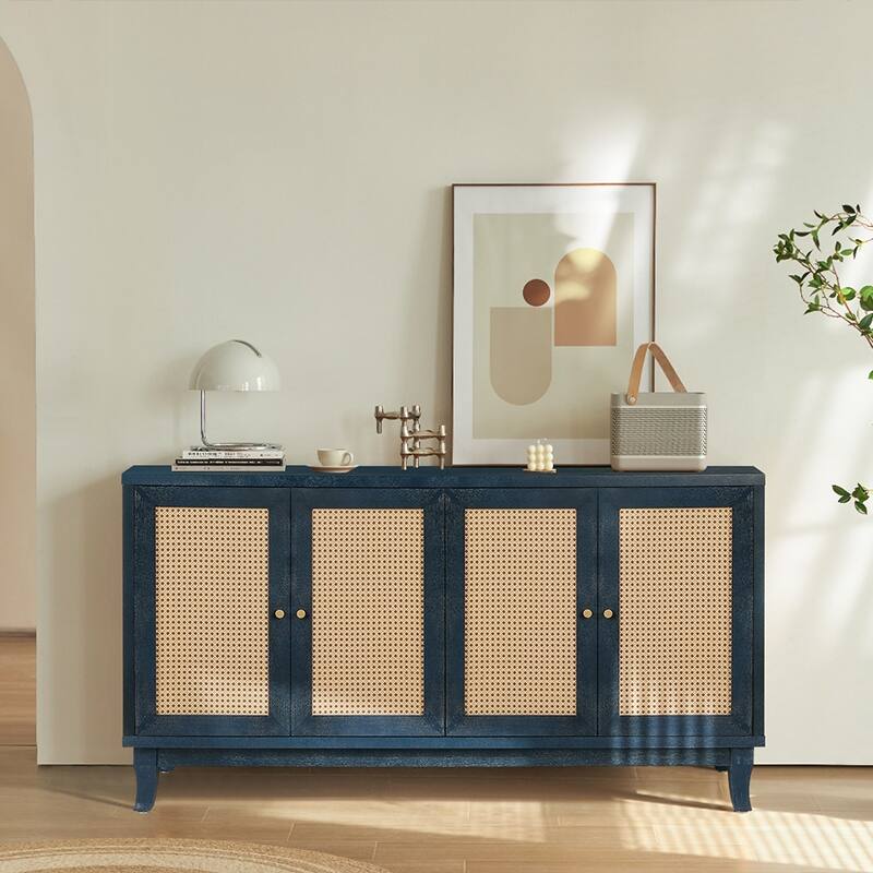 Accent Storage Cabinet, Boho Rattan Sideboard Buffet with 4 Adjustable Shelves, Console Table for Hallway, Living Room, Bedroom - Antique Blue