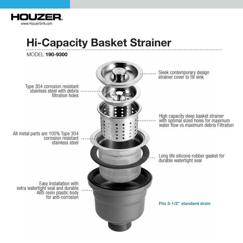 Houzer 190-93 3-1/2" Basket Strainer with Deep Cup - Stainless Steel