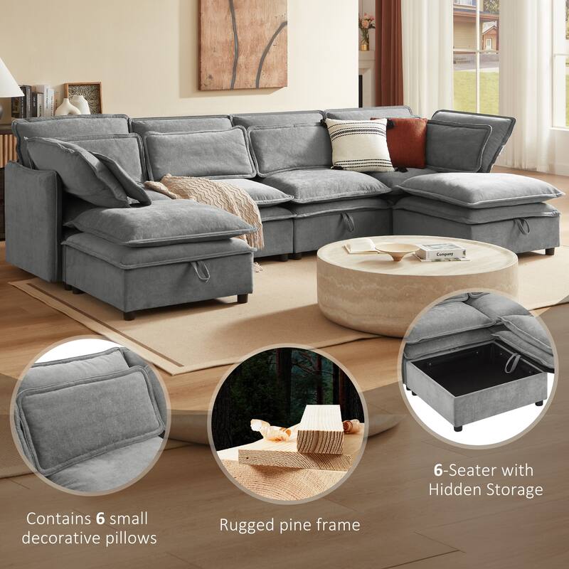 U-Shaped Double Cushions Modular Sectional Sofa with Storage Ottomans