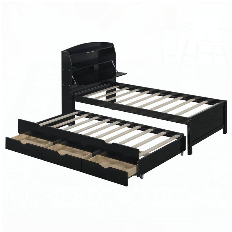 Wooden LED Platform Bed with Trundle
