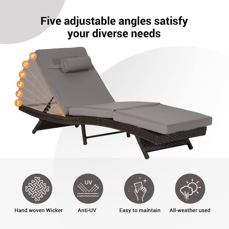 2 Piece Outdoor Wicker Long Reclining Chair Set, Sunbathing Recliner for Beach Poolside Garden