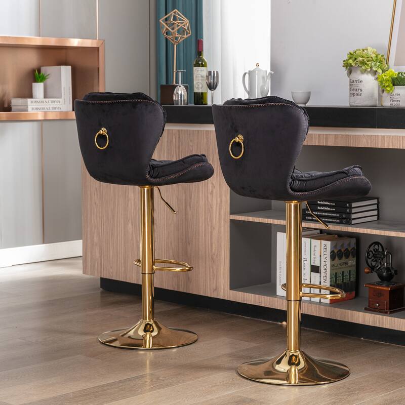 Set of 2 Adjustable Swivel Bar Stools, Black Velvet with Chrome Footrest & Gold Legs