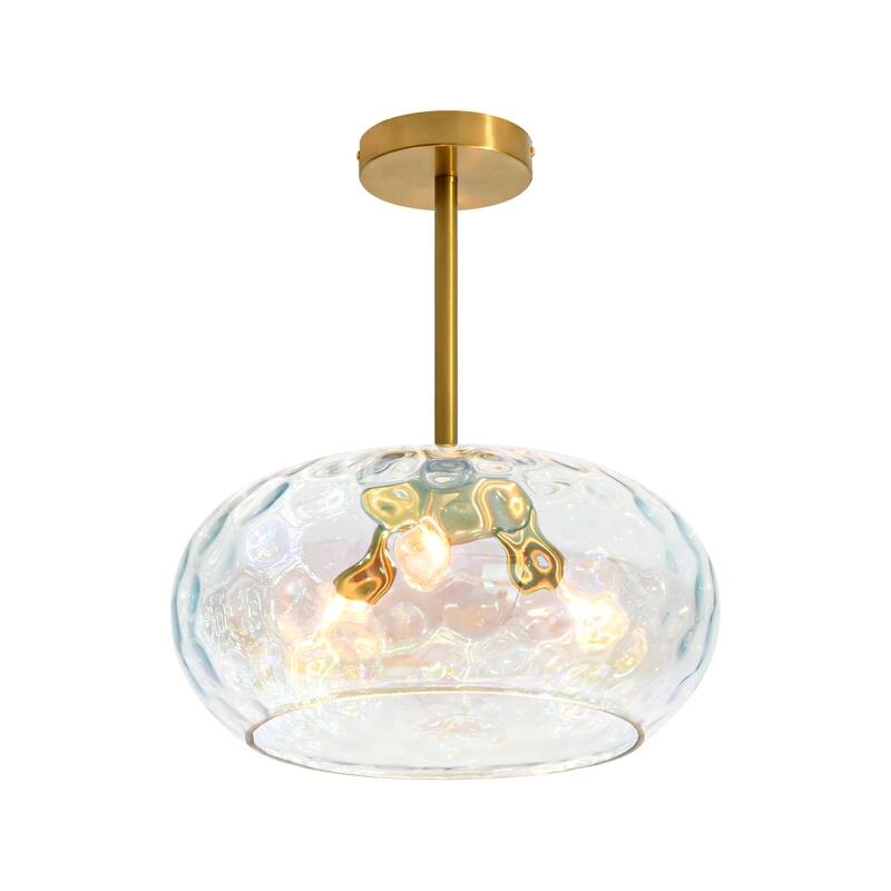 14.2" W 3-Light Modern Gold Dome Semi-Flush Mount Ceiling Light with Water Glass Shade for Foyer, Bedroom