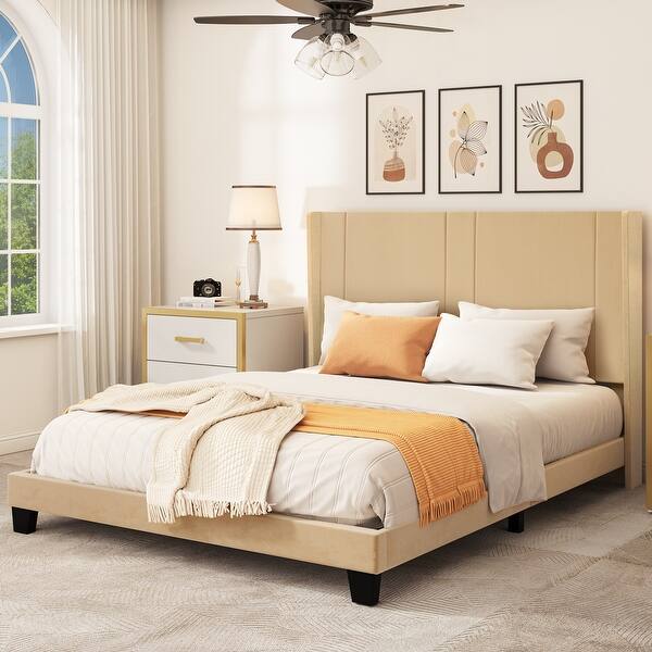 Queen Upholstered Bed Frame with Beige Velvet Headboard and Wingback Bed Bath & Beyond 38931539