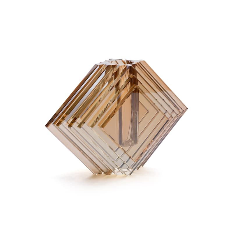 Crystal Glass Vase with Stacked Concentric Diamond Motif - Amber - Large