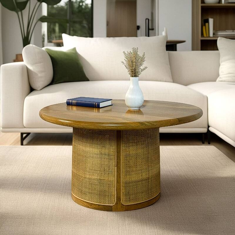 Marlowe Drum-Style Coffee Table - Solid Blonde Acacia Wood Top with Handwoven Cane Drum Base Table