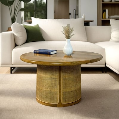 Marlowe Drum-Style Coffee Table - Solid Blonde Acacia Wood Top with Handwoven Cane Drum Base Table