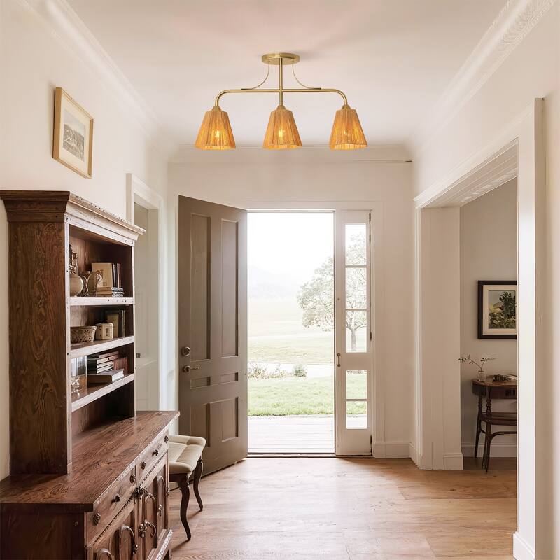 Bohemian Brown Paper Rope Shade 3-Light Gold Linear Chandelier Light