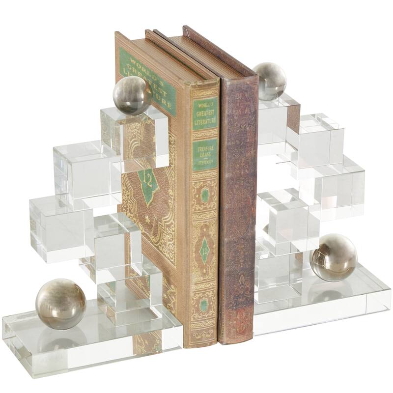 Clear Glass Stacked Squares Decorative Bookends with Silver Orbs (Set of 2)