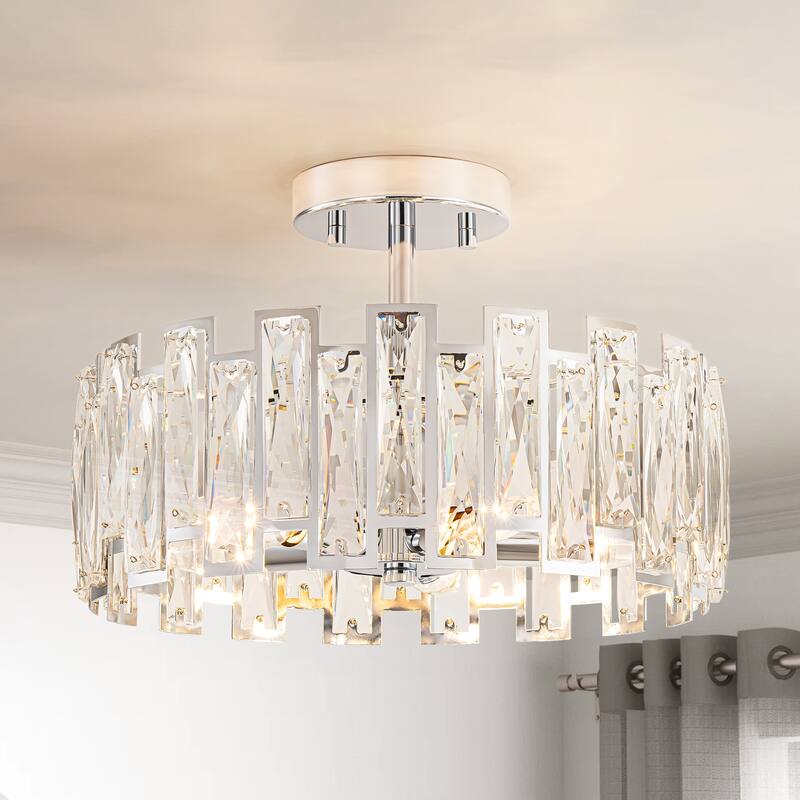 5-Light Mid-Century Modern Glam Cage Drum Crystal Semi-Flush Mount Ceiling Light