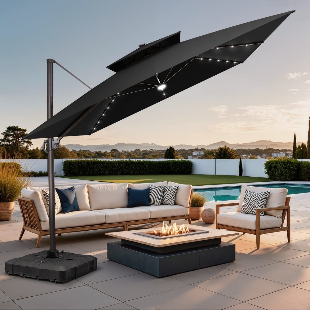 11 FT Square Outdoor Patio Cantilever Umbrella with Solar Lights All-Weather Wheeled Base Double Canopy 360 Rotation Tilt
