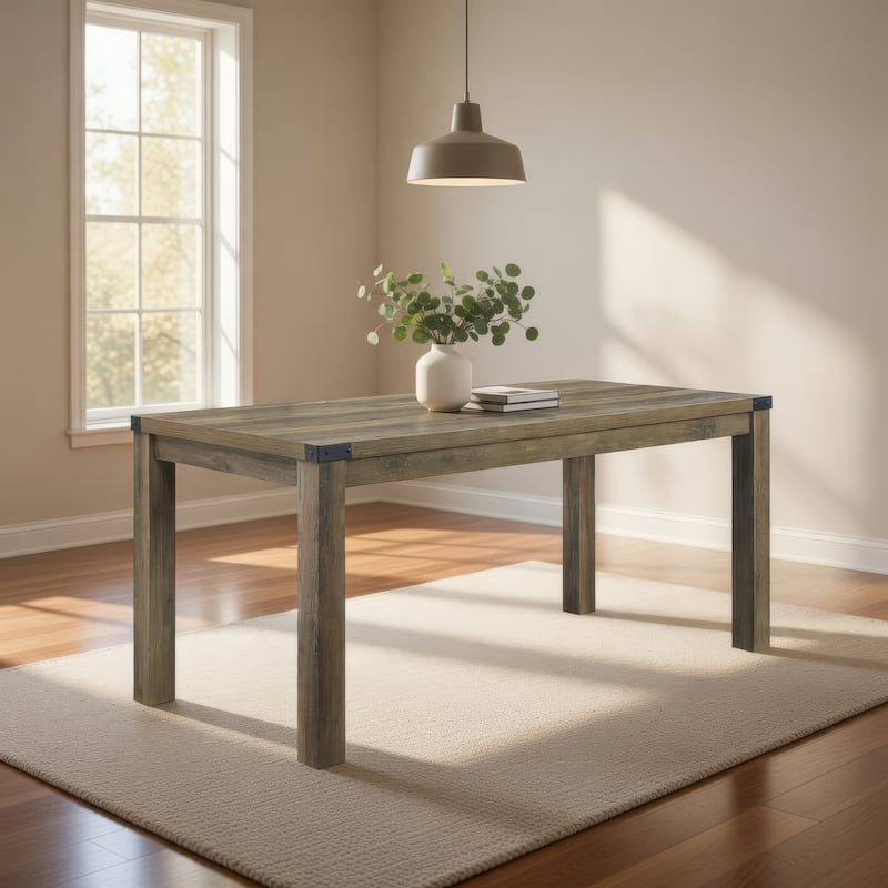 Eli 71 Inch Dining Table, Distressed Rustic Gray, Industrial Metal Rivets