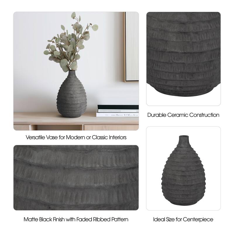 Sagebrook Home 15-inch Faded Ribbed Bulbous Vase in Black Ceramic