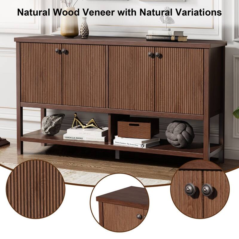 59" Sideboard Buffet Cabinet – Fluted 4-Door Storage, Farmhouse Accent Sideboard Large Console Table for Kitchen or Hallway