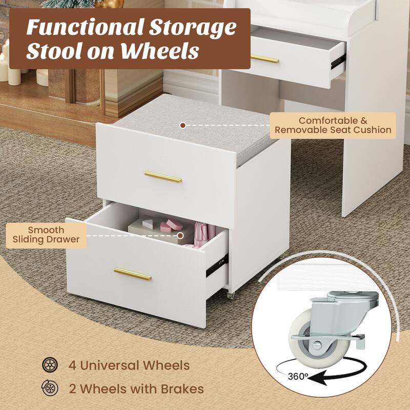 Gymax Makeup Vanity w/Flip-top Mirror Power Outlets & Hidden Storage