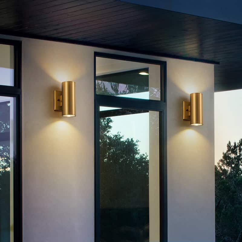 2 - Light Modern Industrial LED Outdoor Wall Sconce - 7 in. H - Gold – Set of 2