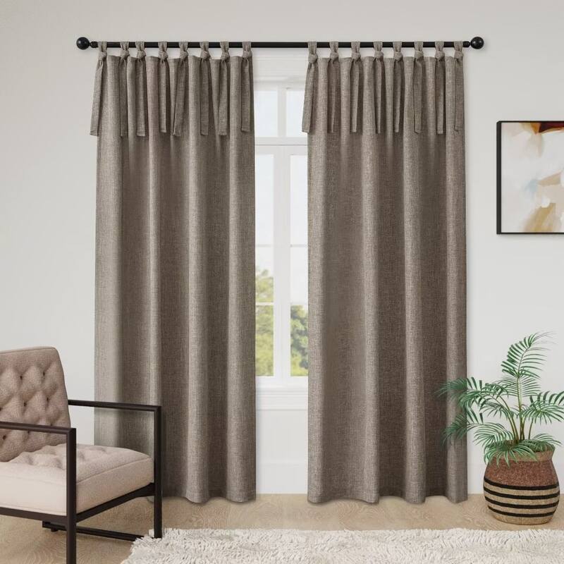 Linen Texture Tie Top Room Darkening Curtain Pair(2 panels)