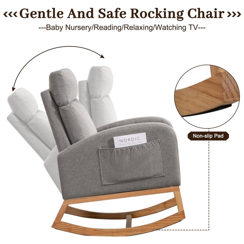 Nursery Chair Rocking Chair Glider Chair, Upholstered Accent Chair with Rubber Wood Legs, Comfy High Backrest, Side Pockets