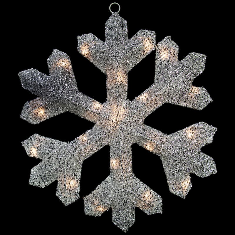 Lighted Tinsel Snowflake Christmas Window Decoration - 20" - Silver - Clear Lights