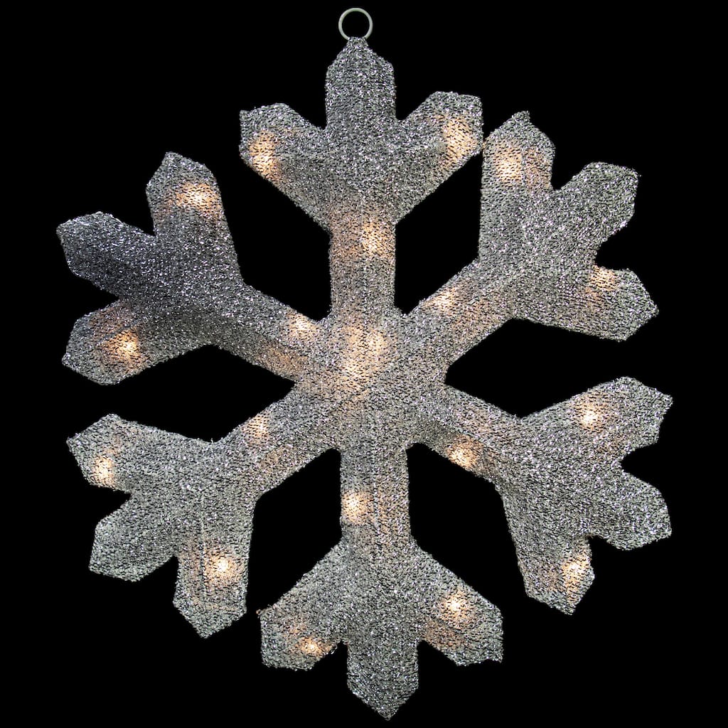 Lighted Tinsel Snowflake Christmas Window Decoration - 20" - Silver - Clear Lights